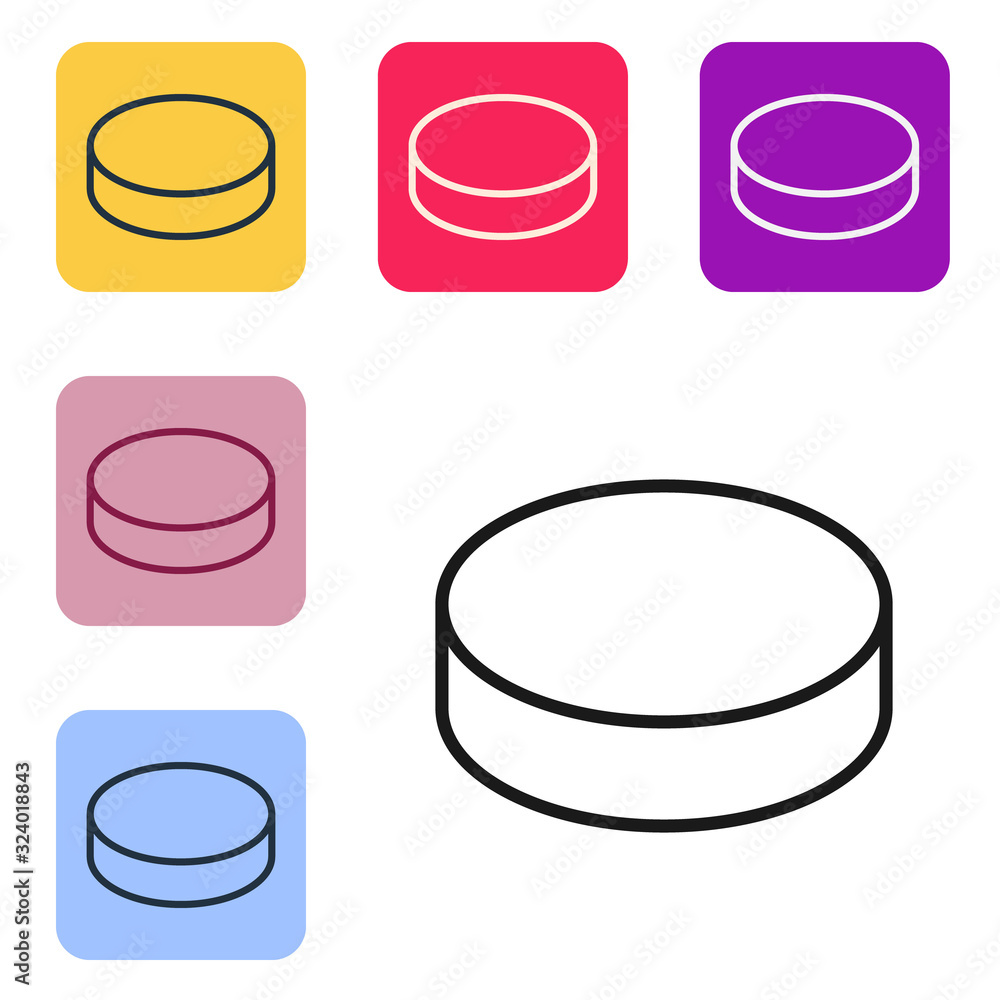 Black line Hockey puck icon isolated on white background. Set icons in color square buttons. Vector 