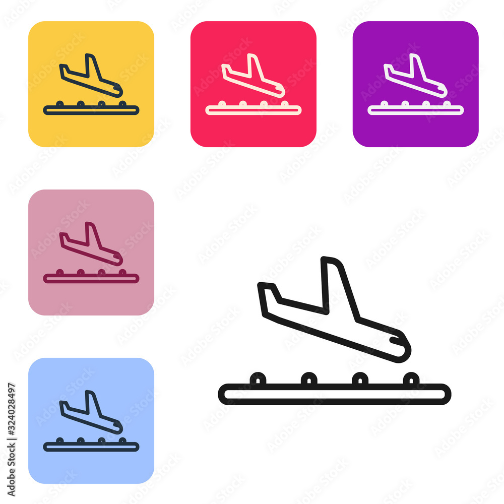 Black line Plane landing icon isolated on white background. Airplane transport symbol. Set icons in 