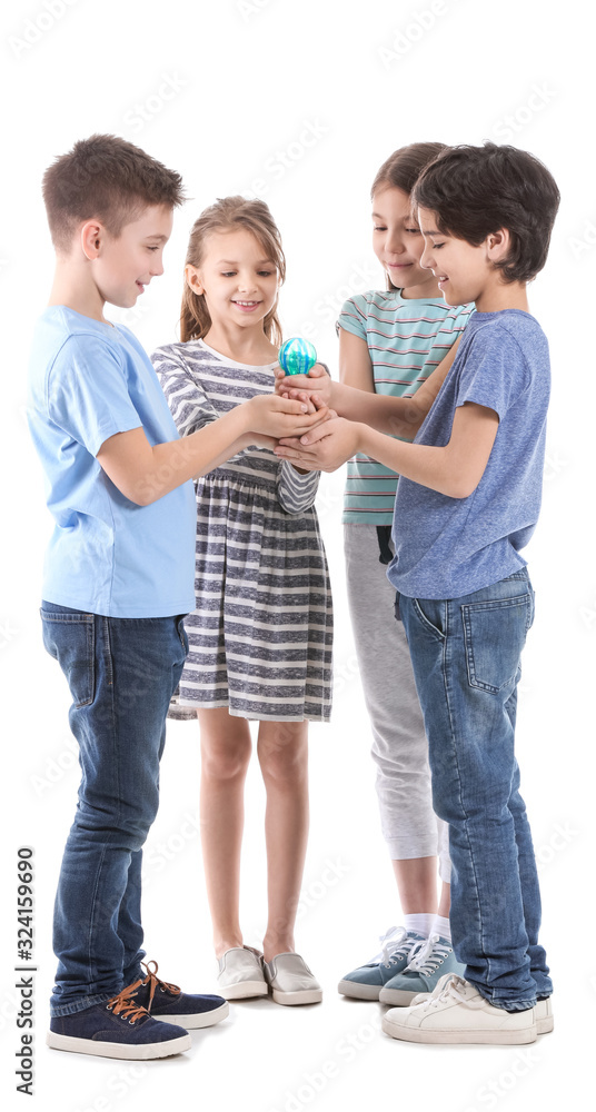 Little children holding light bulb with plant on white background. Earth Day celebration