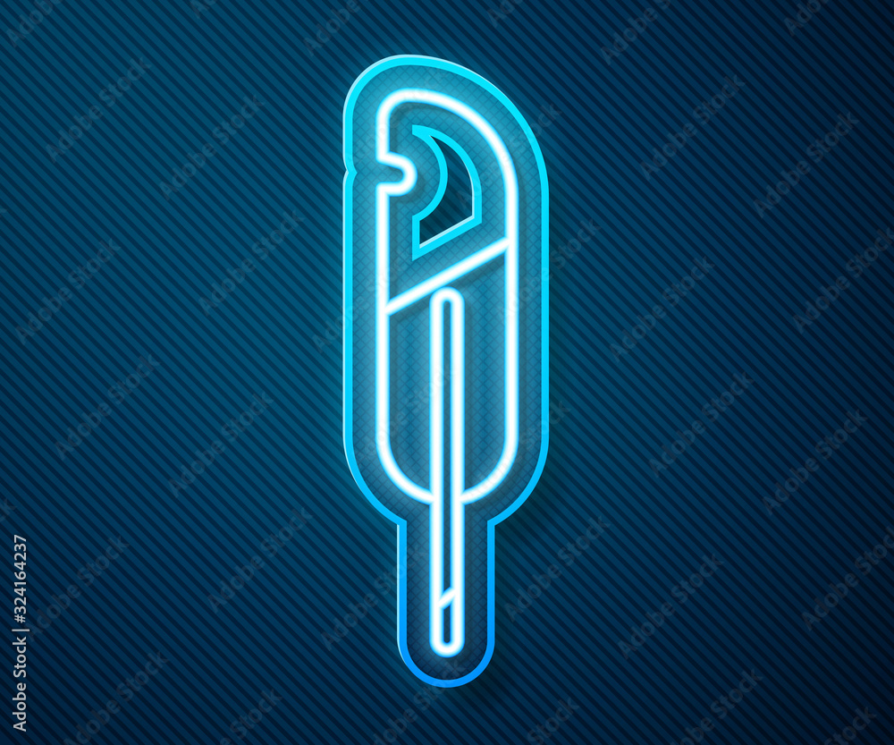 Glowing neon line Feather pen icon isolated on blue background. Vector Illustration