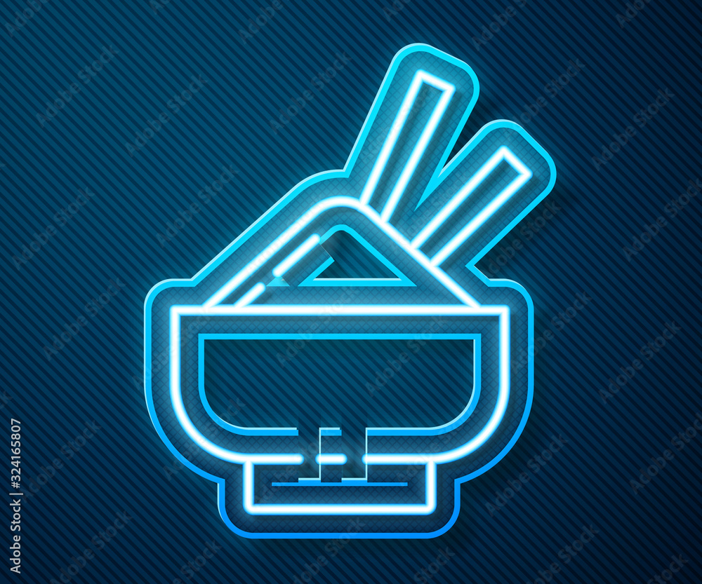 Glowing neon line Rice in a bowl with chopstick icon isolated on blue background. Traditional Asian 