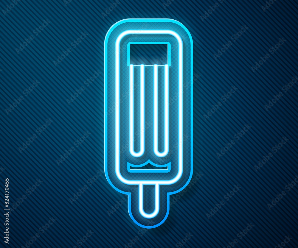 蓝色背景上的发光霓虹线冰淇淋图标。甜蜜的符号。矢量插图