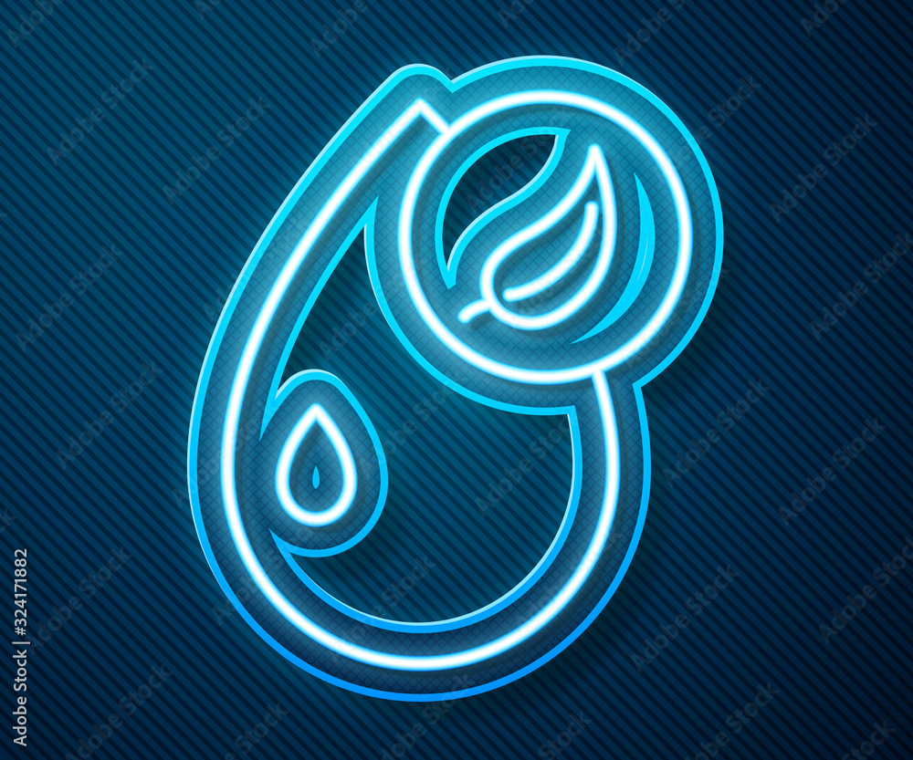 Glowing neon line Bio fuel icon isolated on blue background. Eco bio. Green environment and recycle.