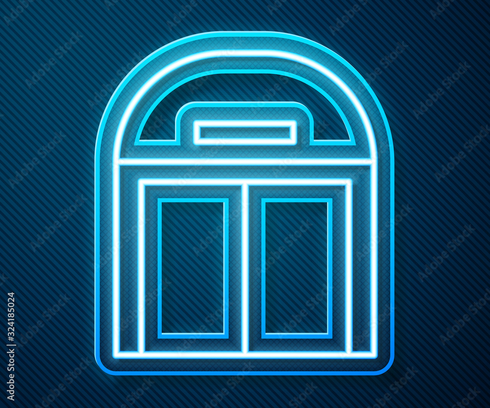 Glowing neon line Aircraft hangar icon isolated on blue background. Vector Illustration