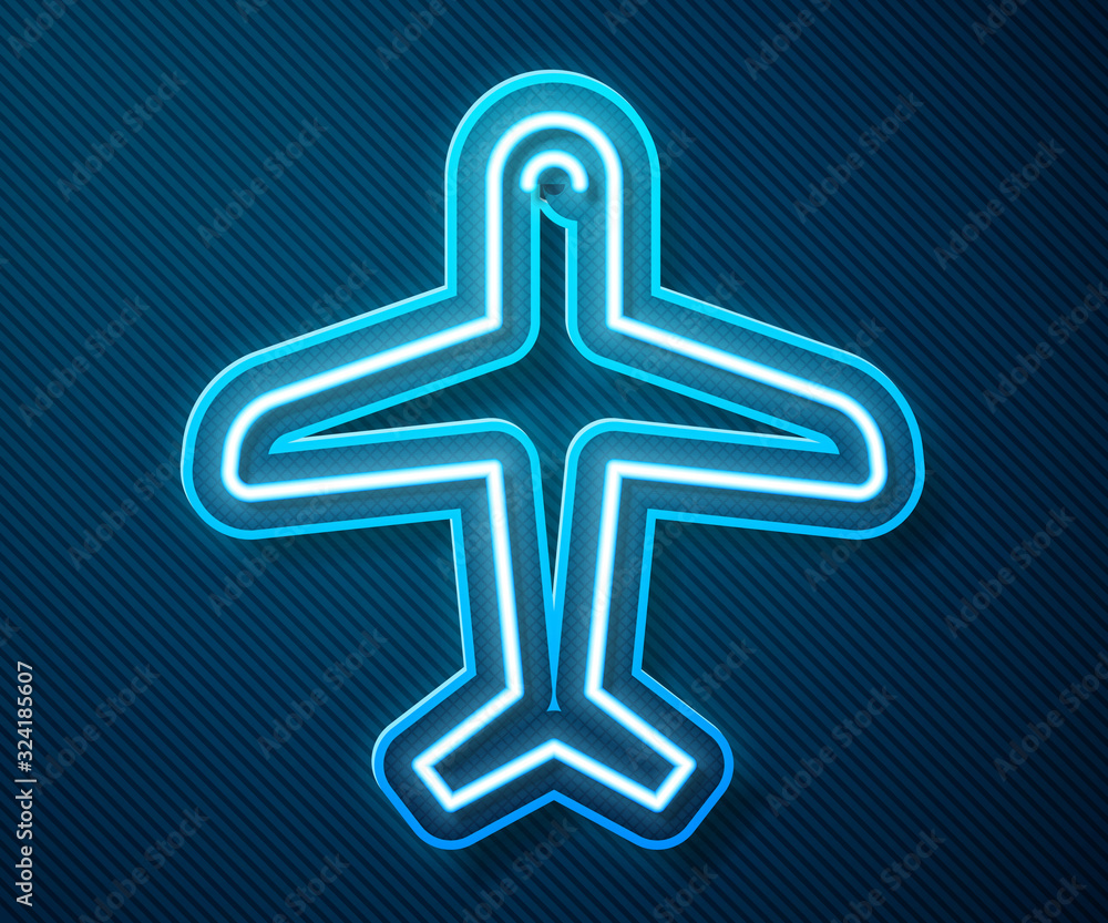 Glowing neon line Plane icon isolated on blue background. Flying airplane icon. Airliner sign. Vecto
