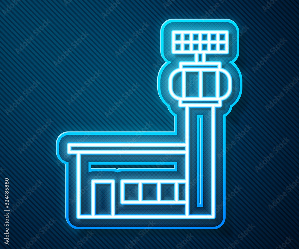 Glowing neon line Airport control tower icon isolated on blue background. Vector Illustration