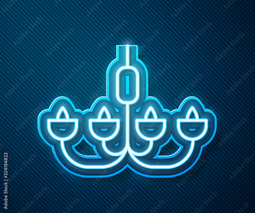 Glowing neon line Chandelier icon isolated on blue background. Vector Illustration