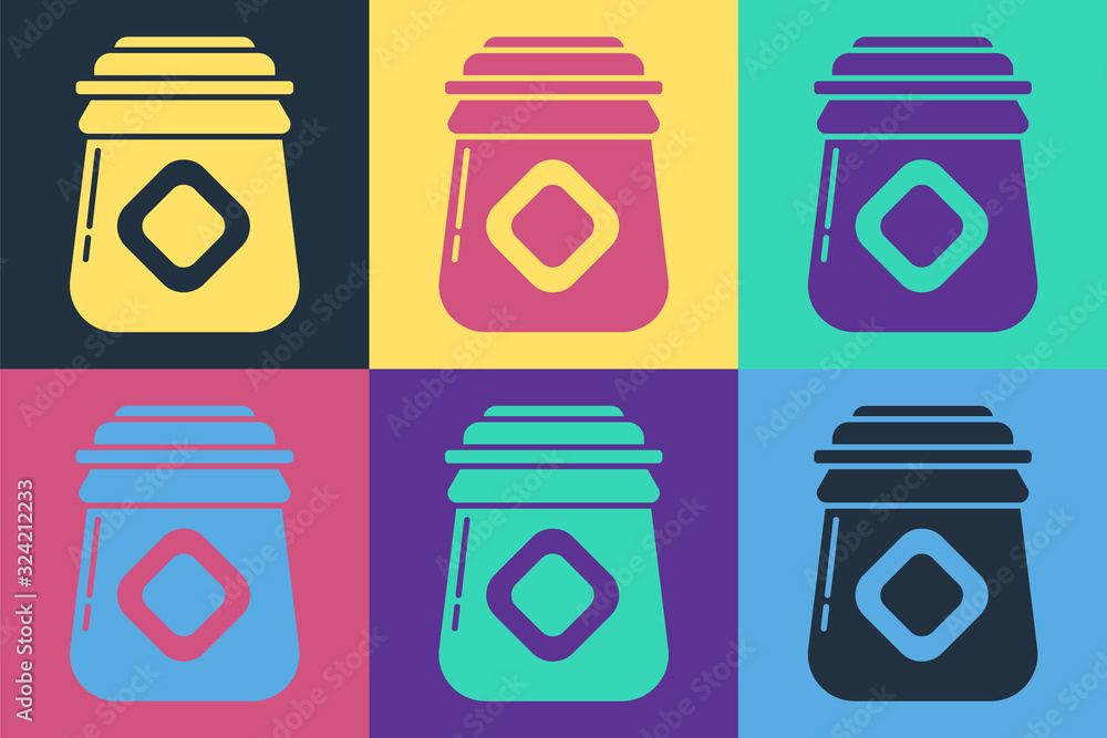在彩色背景上隔离的蜂蜜图标的波普艺术罐子。食物银行。甜的天然食物符号。矢量