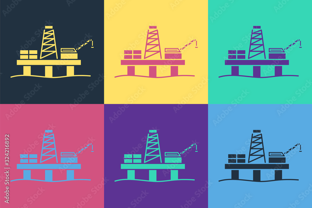 海洋中的波普艺术石油平台图标在彩色背景上隔离。海上钻机。石油平台