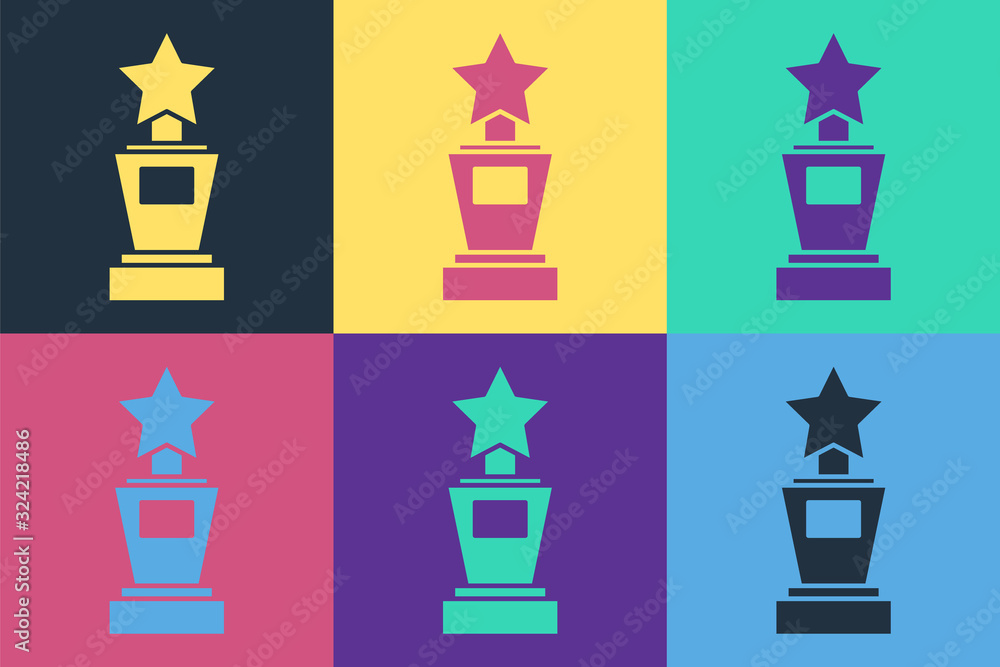 流行艺术奖奖杯图标在彩色背景上隔离。获胜者奖杯符号。冠军或比赛