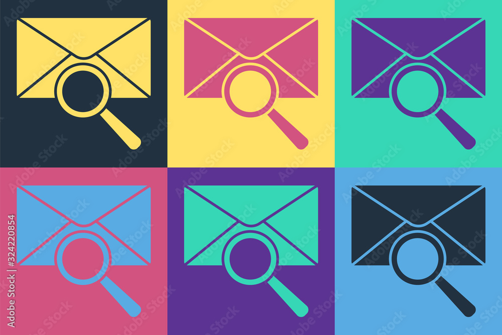 Pop art Envelope mail with magnifying glass icon isolated on color background. Vector Illustration
