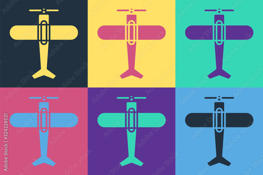 流行艺术飞机图标隔离在彩色背景上。飞行飞机图标。航空公司标志。矢量照明