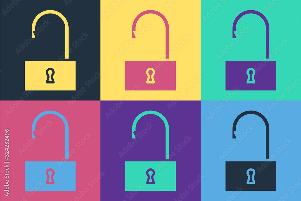Pop art Open padlock icon isolated on color background. Opened lock sign. Cyber security concept. Di