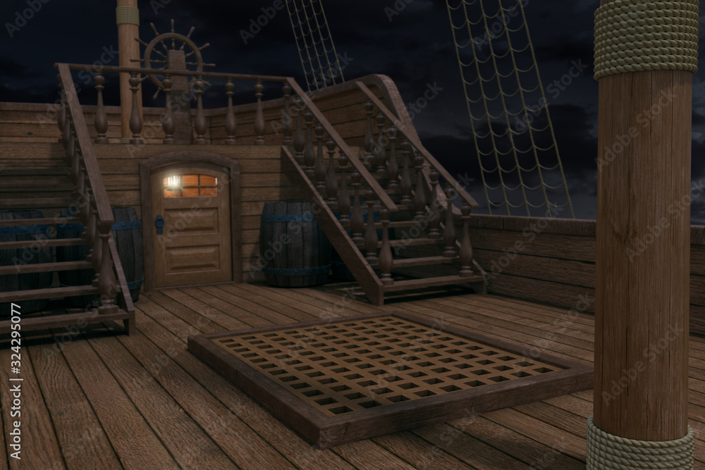 海盗旧船外。船背景夜景。海盗船甲板的三维插图。