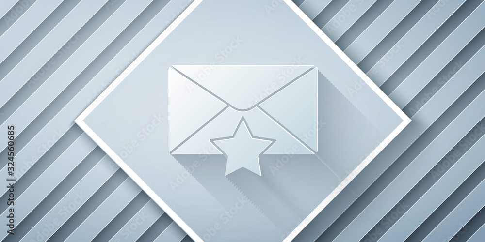 Paper cut Envelope with star icon isolated on grey background. Important email, add to favourite ico