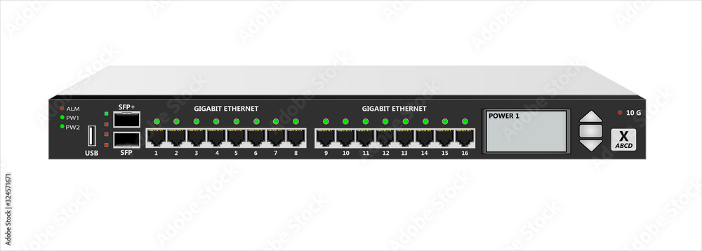10G router IP traffic for mounting with a 19 inch rack. SFP, SFP+, USB and 16  RG-45 connectors and 