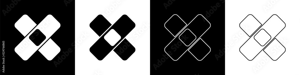 Set Crossed bandage plaster icon isolated on black and white background. Medical plaster, adhesive b