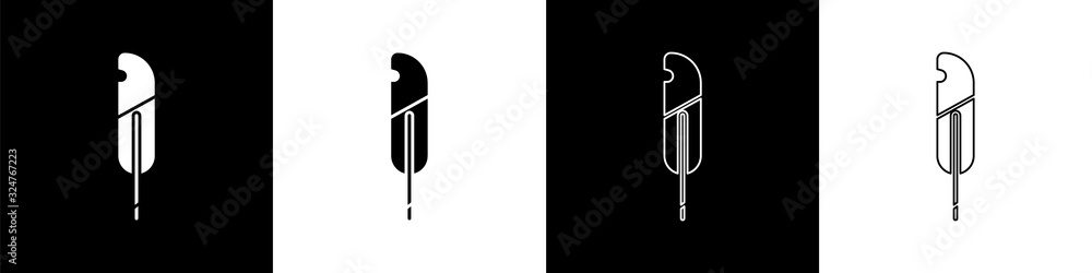 Set Feather pen icon isolated on black and white background. Vector Illustration