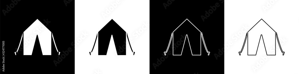 将旅游帐篷图标隔离在黑白背景上。露营符号。矢量插图