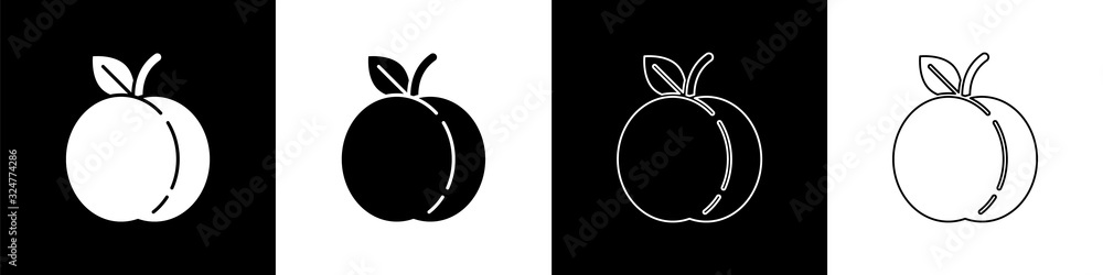 将桃子或油桃的叶子图标隔离在黑白背景上。矢量插图