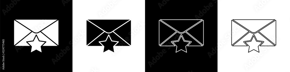 Set Envelope with star icon isolated on black and white background. Important email, add to favourit