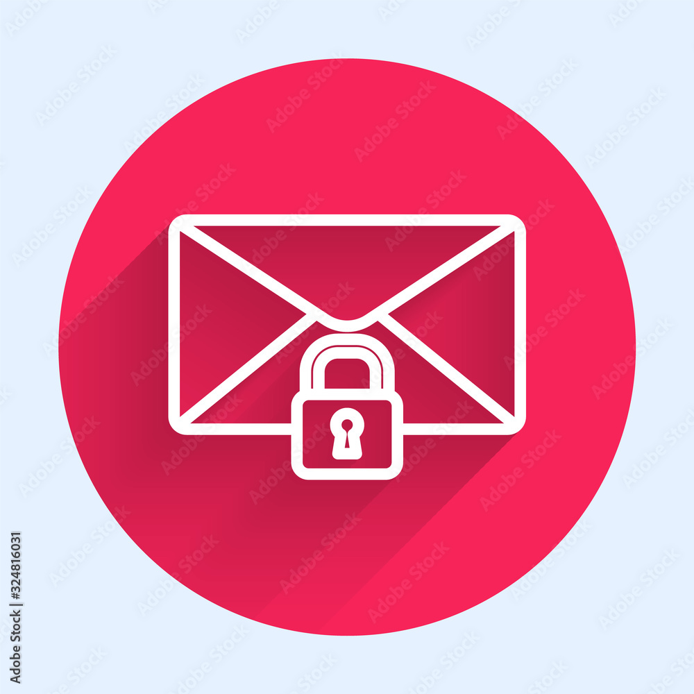 白线邮件邮件锁定密码图标用长阴影隔离。带挂锁的信封。私人