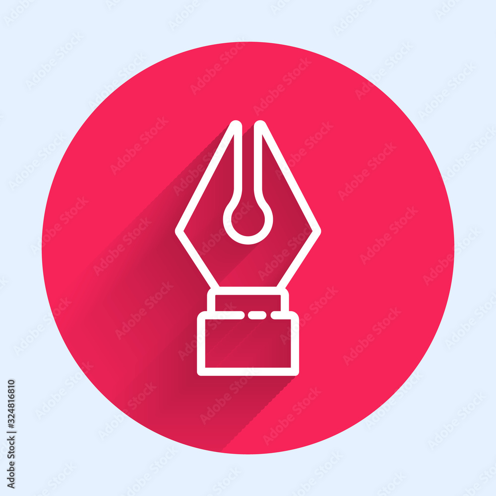 White line Fountain pen nib icon isolated with long shadow. Pen tool sign. Red circle button. Vector