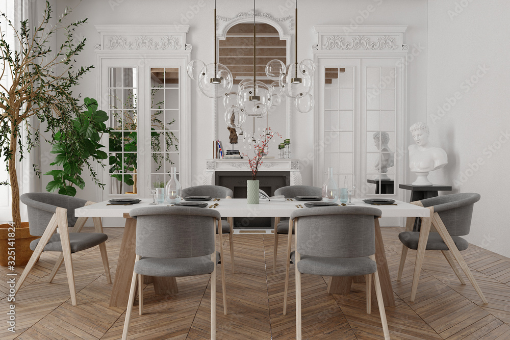 Dining room interior in classic style with fireplace in a house or apartment
