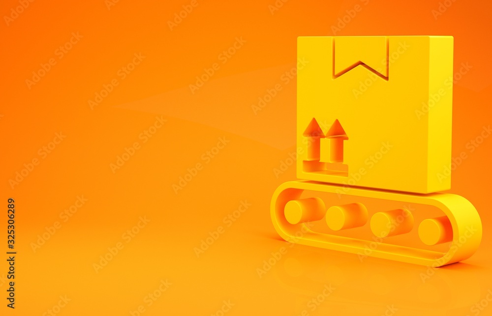 黄色传送带，橙色背景上隔离纸板箱图标。极简主义概念。3d i
