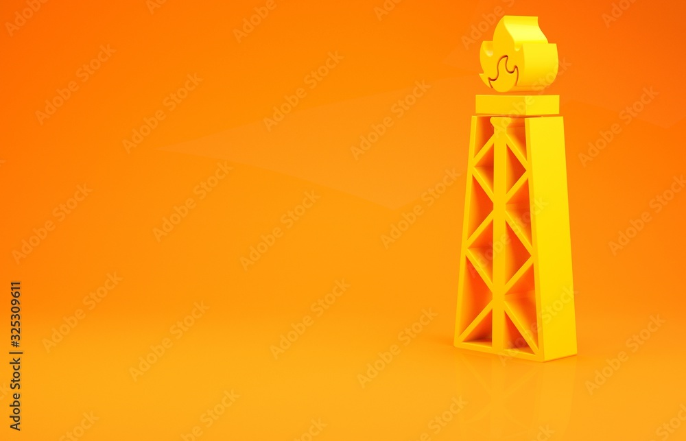 Yellow Oil rig with fire icon isolated on orange background. Gas tower. Industrial object. Minimalis
