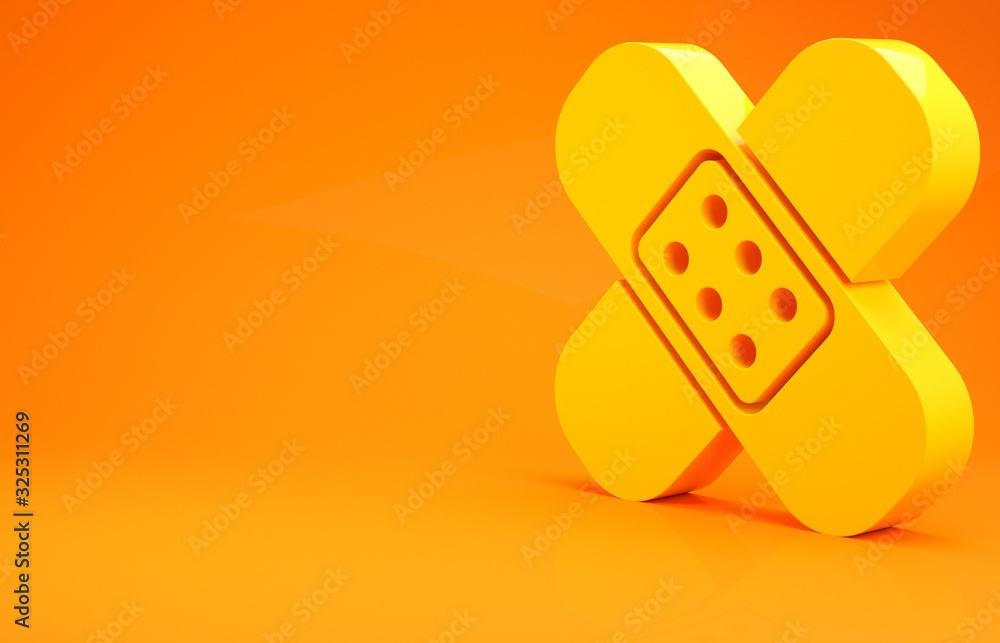 黄色交叉绷带石膏图标隔离在橙色背景上。医用石膏，粘性绷带