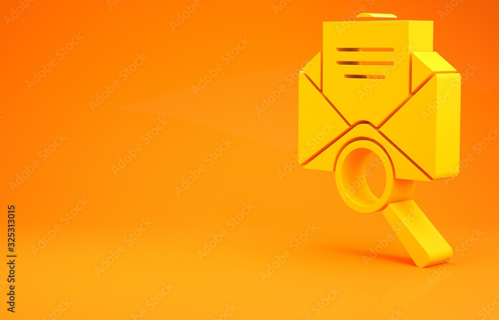 黄色信封邮件，橙色背景上有放大镜图标。极简主义概念。3