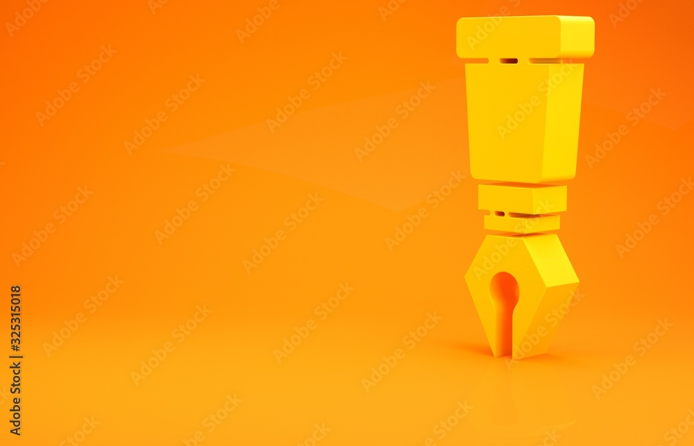 黄色喷泉笔尖图标隔离在橙色背景上。钢笔工具标志。极简主义概念。3d il