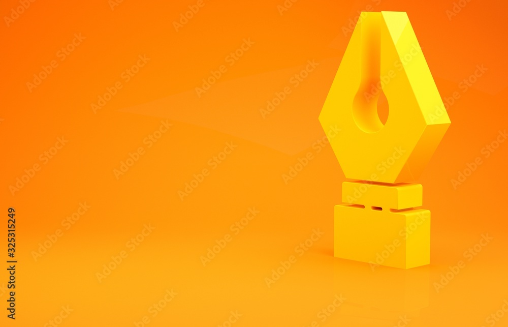 黄色喷泉笔尖图标隔离在橙色背景上。钢笔工具标志。极简主义概念。3d il