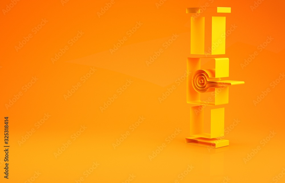 黄色工业金属管道和阀门图标隔离在橙色背景上。极简主义概念。3d i