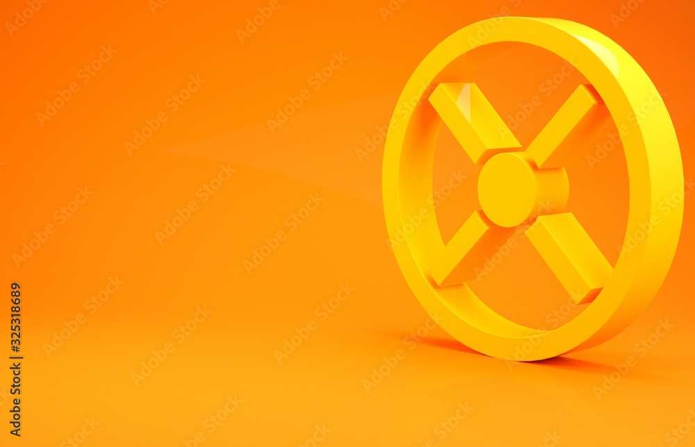 黄色工业阀门图标隔离在橙色背景上。极简主义概念。3d插图3d ren
