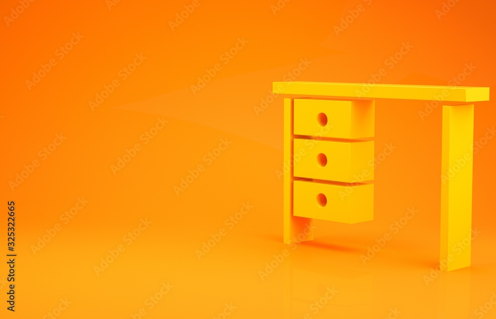 黄色办公桌图标隔离在橙色背景上。极简主义概念。3d插图3d渲染