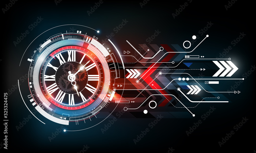 抽象的未来主义技术背景，时钟概念和时间机器，矢量插图