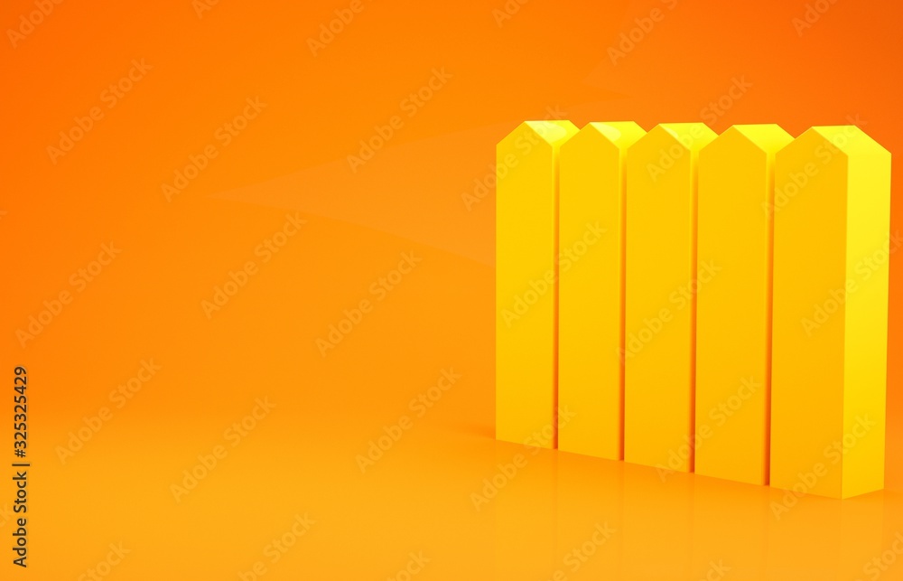 黄色花园围栏木制图标，橙色背景。极简主义概念。三维插图3
