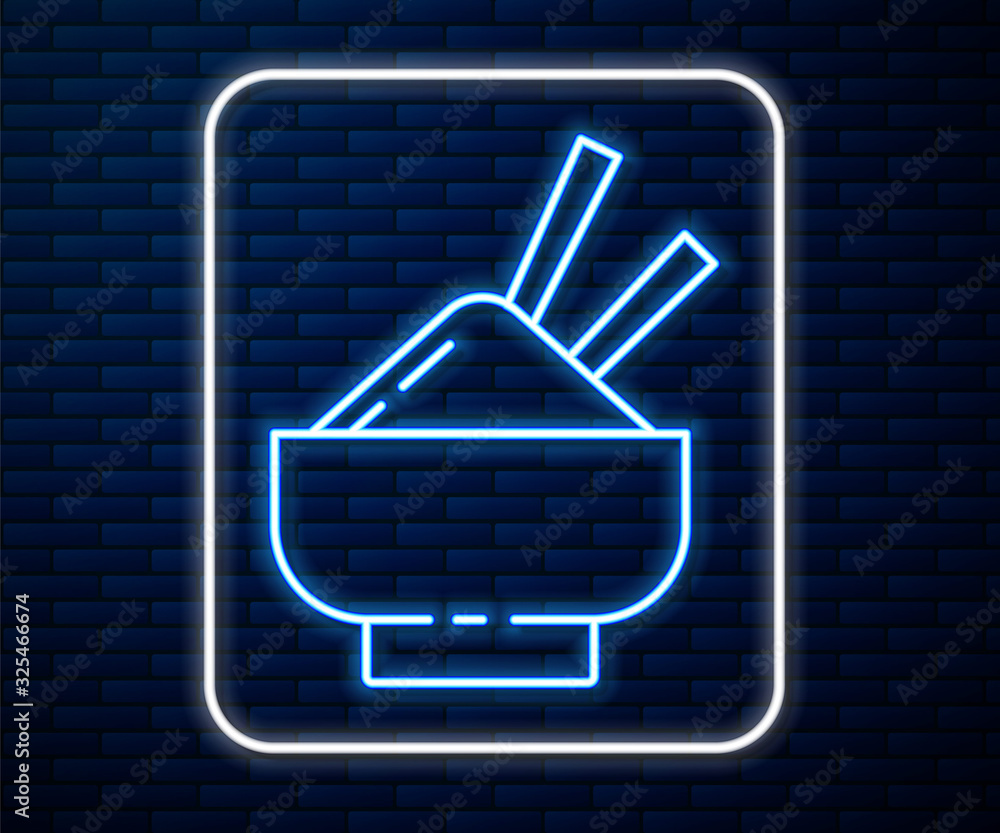Glowing neon line Rice in a bowl with chopstick icon isolated on brick wall background. Traditional 