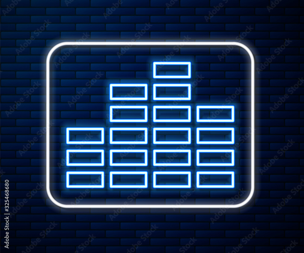 Glowing neon line Music equalizer icon isolated on brick wall background. Sound wave. Audio digital 