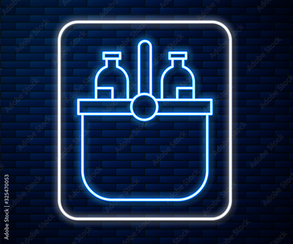 Glowing neon line Cooler bag and water icon isolated on brick wall background. Portable freezer bag.