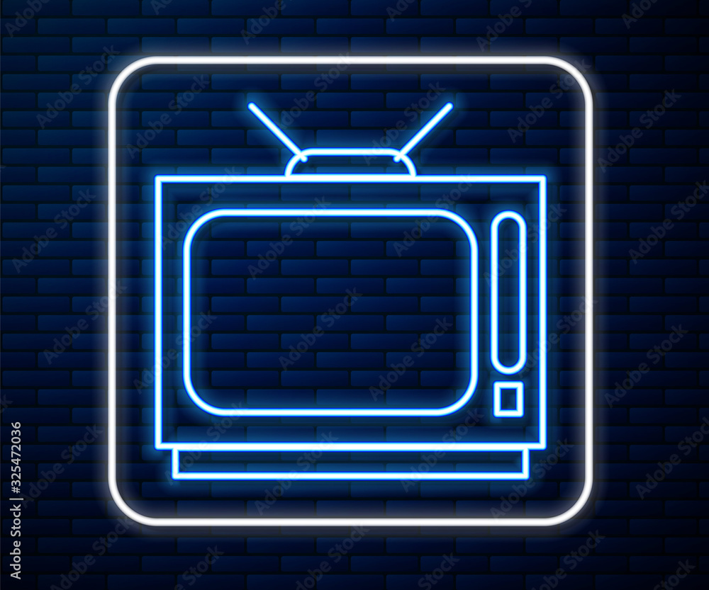 闪亮的霓虹灯线条复古电视图标隔离在砖墙背景上。电视标志。Vector Illustra