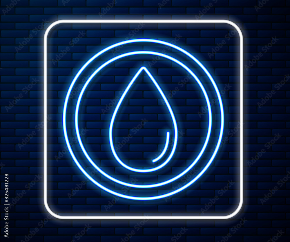Glowing neon line Water drop icon isolated on brick wall background. Vector Illustration