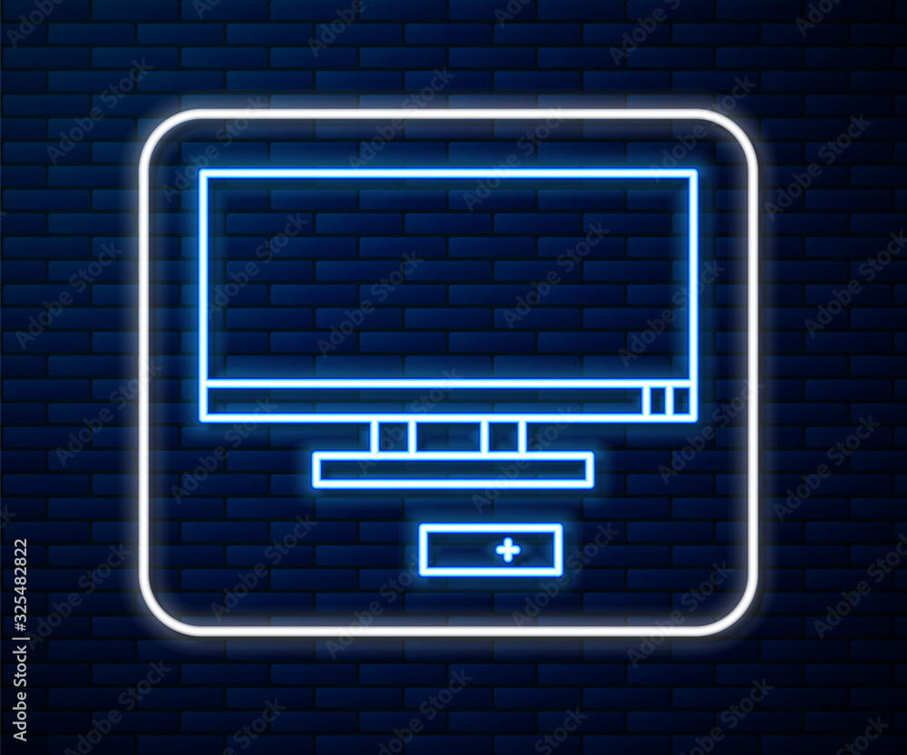 明亮的霓虹灯线智能电视图标隔离在砖墙背景上。电视标志。矢量插图