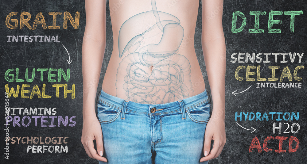 Concept diet. Digestive system. Healthy food diet. Woman abdomen