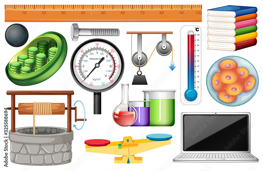 Large set of science equipments on white background