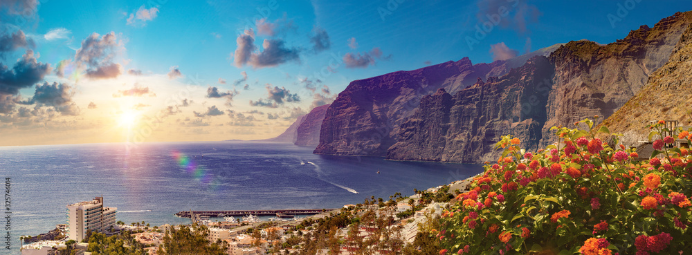 西班牙特内里费岛加那利群岛的洛斯吉甘特斯悬崖。加那利岛的风景。大海和海滩