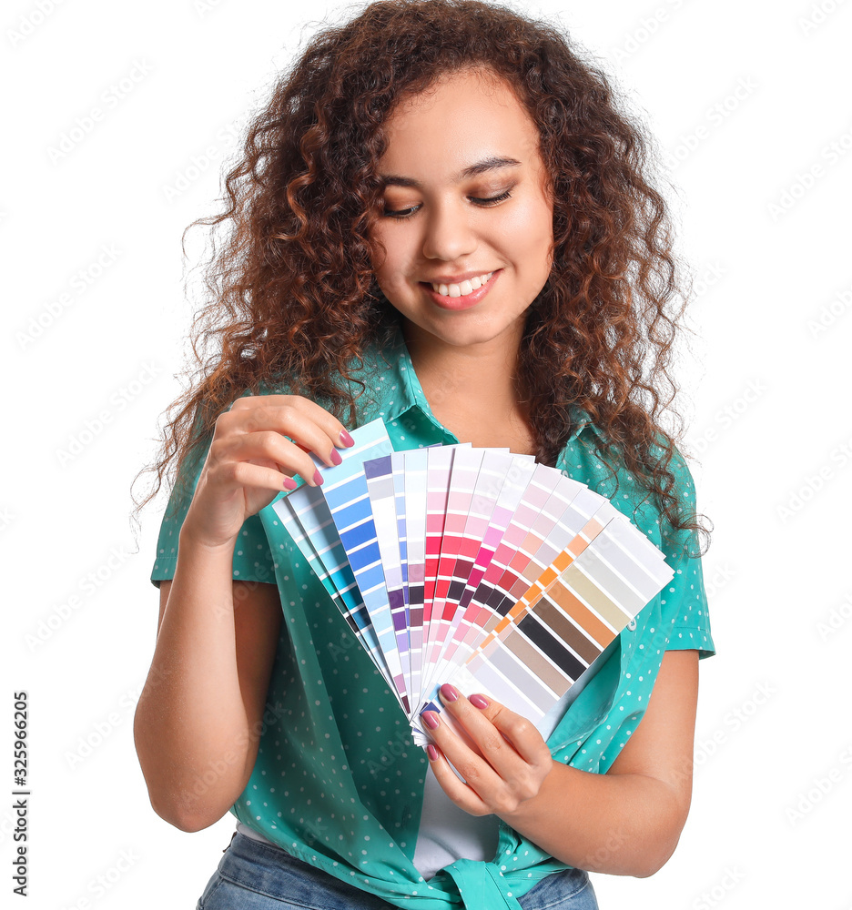African-American woman with color palettes on white background