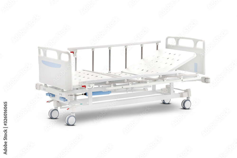 移动病床，白色背景隔离。可变高度床。医疗设备